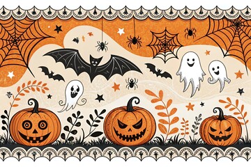 Whimsical halloween illustration with carved pumpkins flying bats spooky ghosts and cobwebs