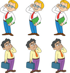 Cartoon businessman characters showing happy and sad emotions, office workers with glasses and briefcase, vector illustration isolated on white background