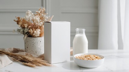 Breakfast setting with milk bottle, cereal box, and dried flowers on marble counter. Mockup for design. Concept.
