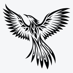 Black bird with spread wings soars upward in a detailed tribal tattoo style
