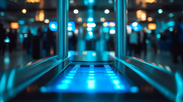 A close-up view of a modern security checkpoint, featuring glowing blue lights and a blurred background of people in an airport setting.