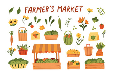 Fresh Harvest Scene: A colorful illustration captures the essence of a farmer's market with vibrant displays of fresh produce and rustic market stalls, promising a wholesome experience.