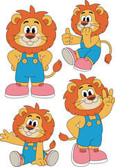 Cute cartoon lion mascot in different poses, funny character design for kids, vector animal illustration for children, playful and colorful