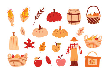 Autumn Harvest Collection: A vibrant collection of autumn-themed illustrations, featuring an array of harvest elements like pumpkins, apples, corn, and decorative baskets.