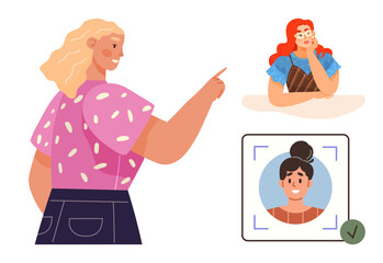 A woman pointing at a verified profile photo while another woman ponders. Ideal for identity verification, decision-making, social media, technology, recruitment, user interface, teamwork. Simple