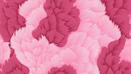 Seamless abstract pattern in soft pink and red hues, featuring flowing, feather-like textures with intricate line details. Elegant and feminine design suitable for fabric, wallpaper, or packaging.