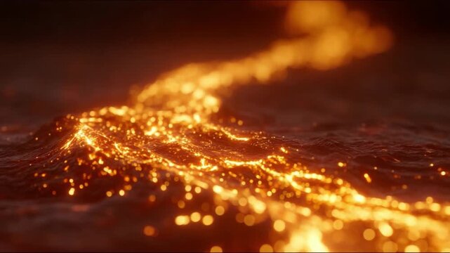 Molten River's Dance: A mesmerizing display of raw natural power, with a river of glowing molten rock snake across a dark landscape, an awe-inspiring vision of the earth's core in action.