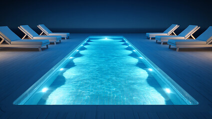 Obraz premium A modern swimming pool with illuminated lights and lounge chairs at night