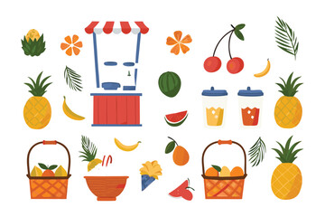 Fruit and Juice Delight: A vibrant composition of fruits and refreshments showcases a charming juice stand brimming with colorful treats and tempting drinks, a celebration of fresh produce.