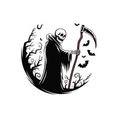 Grim reaper with scythe and bats under a full moon