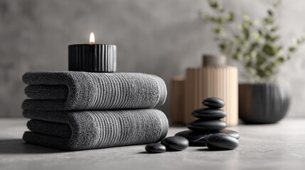 Modern Spa Still Life: Gray Towels, Candle, and Zen Stones