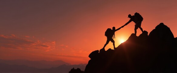 The climbers helping each other at sunset in a breathtaking mountain landscape.