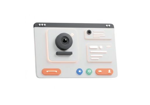 Photo of a 3d rendering of a webcam interface with various controls and buttons, isolated on transparent background