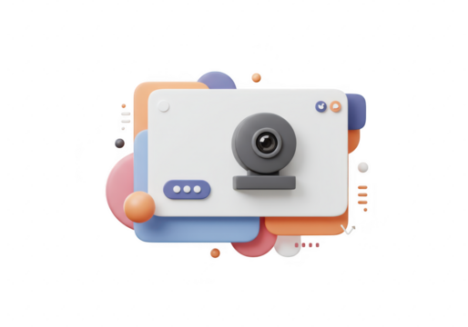 Photo of a 3d illustration of a webcam interface surrounded by abstract shapes isolated on transparent background