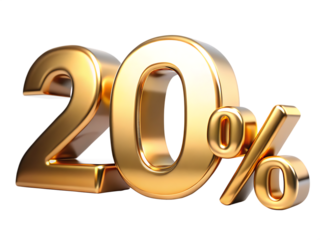 Shiny Golden Metallic 3 D Numeral 20 Percent Symbol isolated on a transparent background twenty number
