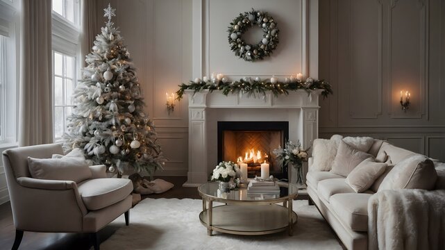 Sal&oacute;n navide&ntilde;o blanco con chimenea encendida y decoraci&oacute;n elegante
