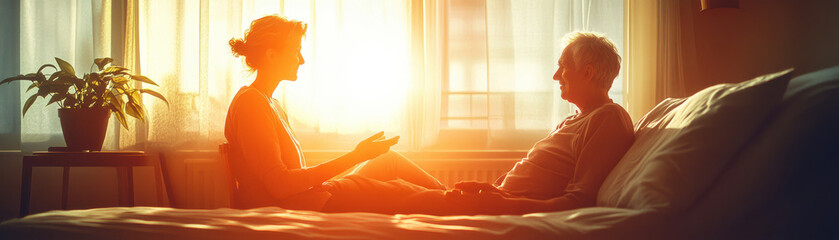 caregiver sitting beside senior patient in warm setting