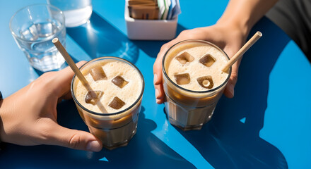 Refreshing Iced Coffee Two People Enjoying Summer Drinks Cafe Chill