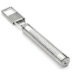 A sleek stainless steel zester tool displayed on a plain white background, highlighting