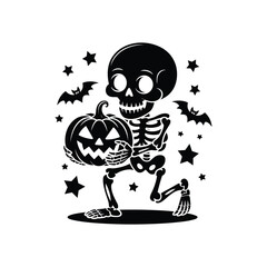 Cute cartoon skeleton carrying a jack o lantern on halloween night © MDRAYHAN