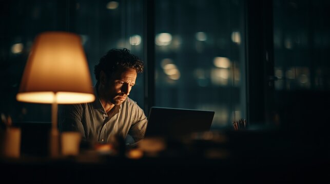 Man Working Late at Night Under Desk Lamp Representing Quiet Cracking Concept