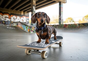 Adorable Dachshund Dog Rides Skateboard in Skate Park Celebrating National Dog Day Fun and Recreation
