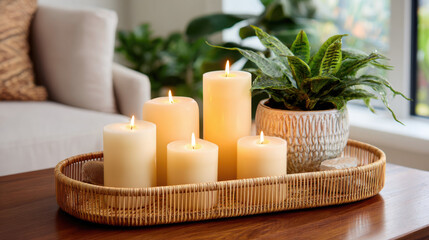 Serene Home Ambiance: Candles, Plant, and Rattan Tray Decor