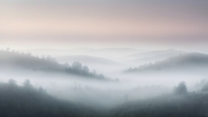 Obraz premium Bosque cubierto de niebla al amanecer con suaves colinas