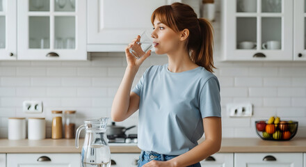 Woman drinking water in her modern kitchen healthy lifestyle