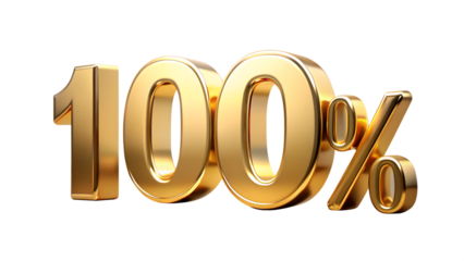 Three dimensional shiny golden metallic numeral 100 percent symbol isolated on a transparent background