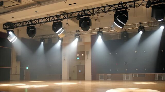 Stage lighting rig with bright spotlights casting beams of light onto an empty performance hall floor