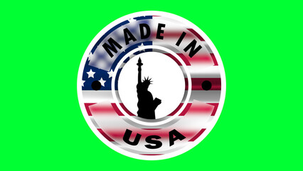 made in usa icon on green screen with statue of liberty icon and waving national flag of united states of america.
