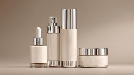 Luxury Cosmetics Set with Silver Accents on Beige Background