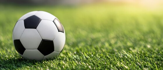 Obraz premium The soccer ball resting on a vibrant green grass field during a sunny day.
