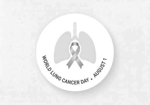 A monochromatic emblem for "World Lung Cancer Day" on August 1st, featuring lungs with a grey ribbon, symbolizing awareness, solidarity, and medical support - Powered by Adobe