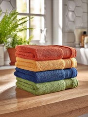 Colorful Stack Of Towels On Wooden Countertop