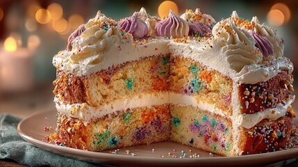 Funfetti birthday cake with colorful sprinkles inside vanilla buttercream frosting and a candlelit celebration joyful mood