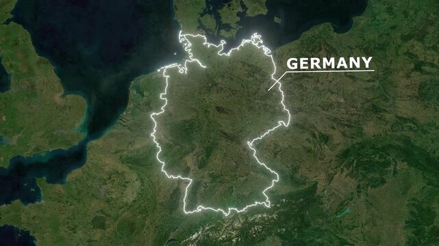 Zoom from Earth to Germany. Glow outline map animation satellite view with highlighted country borders. Cinematic documentary 3d world map animation highlights aerial views, tourism, and travel. 4k
