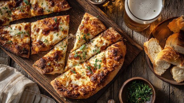 A cozy flat lay of a pizza night dinner wood fired slices garlic knots and a cold beer on a wooden board