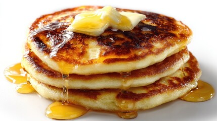 Golden Brown Stacked Pancakes With Butter And Honey