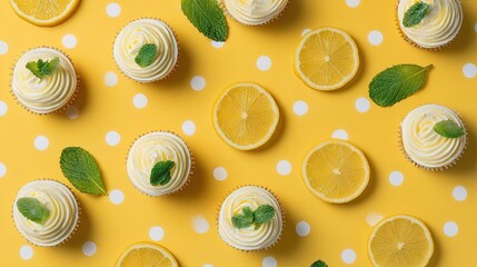 Flat lay with lemon cupcakes citrus slices mint leaves and a yellow polka-dot backdrop fresh and zesty