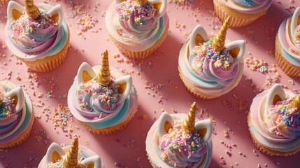 Flat lay of unicorn cupcakes pastel glitter frosting golden horns and rainbow sprinkles dreamy lighting