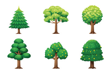 Variety of Trees: Showcasing a diverse collection of verdant trees, each exhibiting unique leaf structures and forms, against a pristine background. These trees represent the diversity of nature.