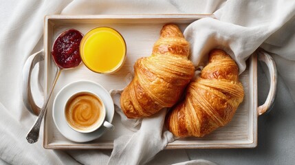 Flat lay of an elegant French breakfast croissants jam butter curls café au lait and fresh orange juice