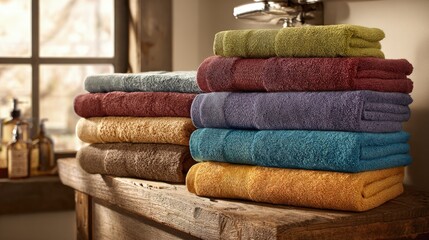 Stacked Colorful Towels On Rustic Table