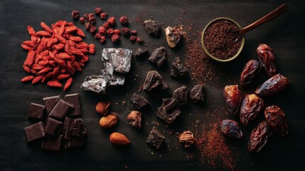 Flat lay of a superfood snack board goji berries dark chocolate nuts and dried figs healthy eating focus