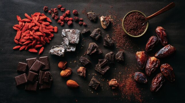 Flat lay of a superfood snack board goji berries dark chocolate nuts and dried figs healthy eating focus