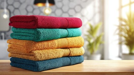 Colorful Stack Of Towels On Wooden Table