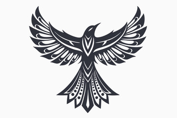 Elegant black bird spreads its stylized wings against a simple white background