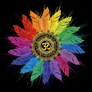 Radiant colorful feather artwork forming sacred circular pattern with glowing golden om symbol in center representing spiritual aura of mahadev shiva shankar bhagwan